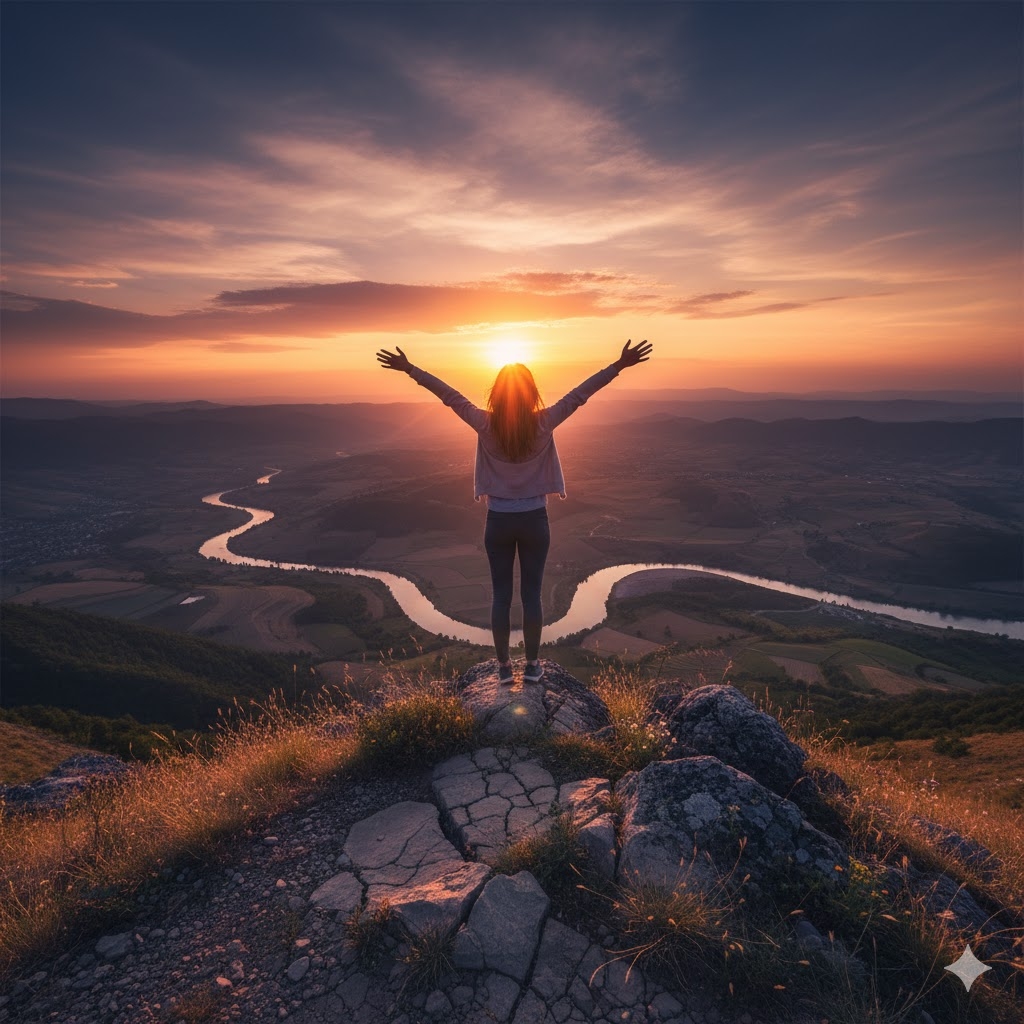 Person standing on a mountain overlooking a sunset
